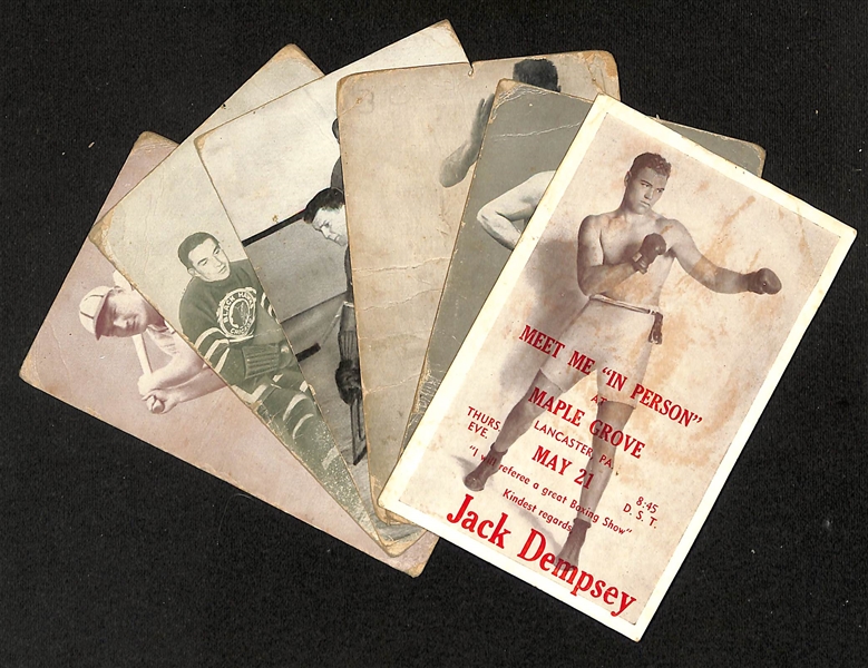Lot of (6) 1940s Sports Exhibit Cards w. Jack Dempsey