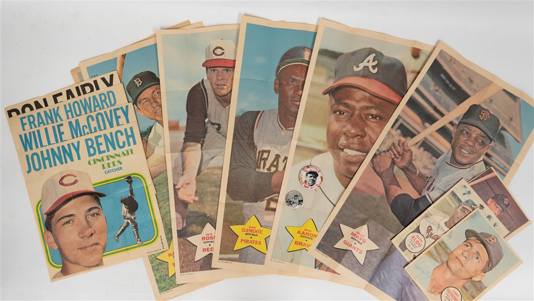Vintage Baseball Pin & Topps Poster Lot - Ted Williams & Babe Ruth Pins, & (16) Topps Poster Inserts from 1967-1970 w. 1968 Willie Mays