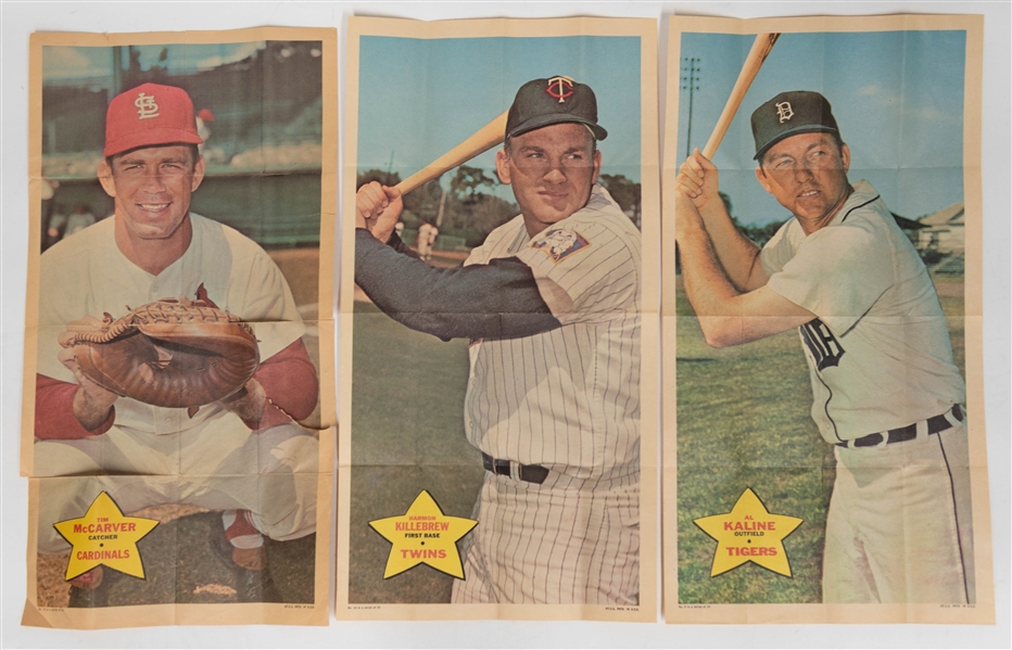Vintage Baseball Pin & Topps Poster Lot - Ted Williams & Babe Ruth Pins, & (16) Topps Poster Inserts from 1967-1970 w. 1968 Willie Mays
