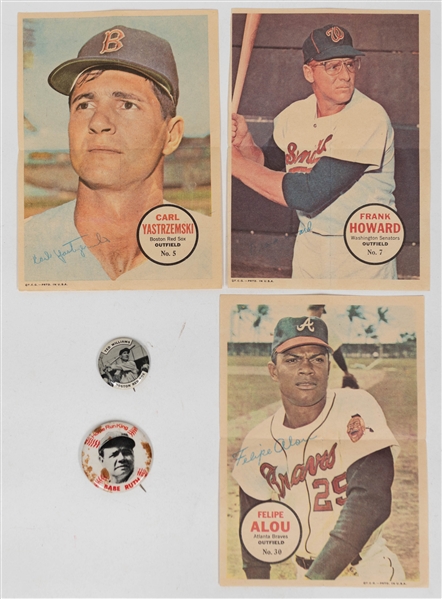 Vintage Baseball Pin & Topps Poster Lot - Ted Williams & Babe Ruth Pins, & (16) Topps Poster Inserts from 1967-1970 w. 1968 Willie Mays