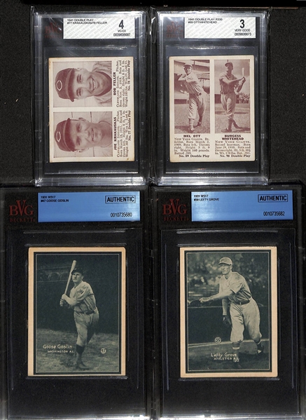 Lot of (2) 1941 Double Play Cards & (2) 1931 W517 BVG Graded Baseball Cards w. 1941 Double Play Bob Feller/Krakauskas BVG 4