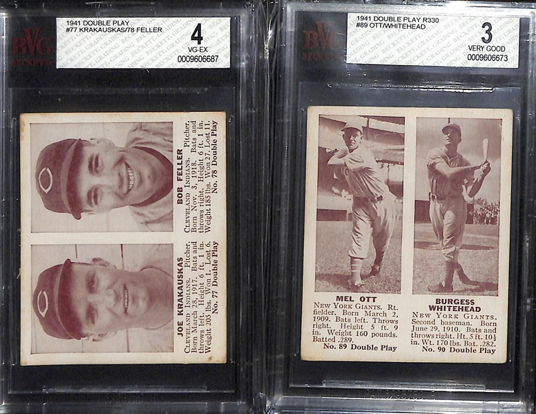 Lot of (2) 1941 Double Play Cards & (2) 1931 W517 BVG Graded Baseball Cards w. 1941 Double Play Bob Feller/Krakauskas BVG 4