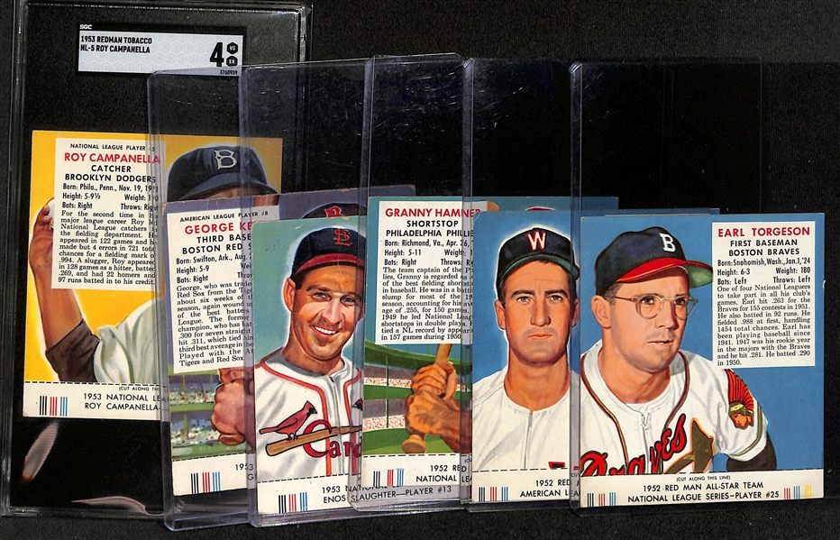 Lot of (3) 1952 Red Man Baseball with Tabs & (3) 1953 Red Man with Tabs w. 1953 Roy Campanella SGC 4