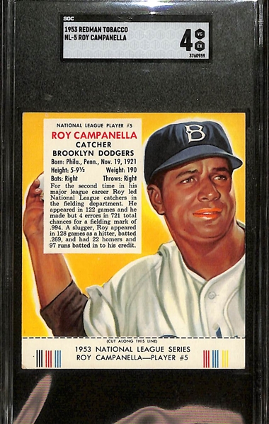 Lot of (3) 1952 Red Man Baseball with Tabs & (3) 1953 Red Man with Tabs w. 1953 Roy Campanella SGC 4