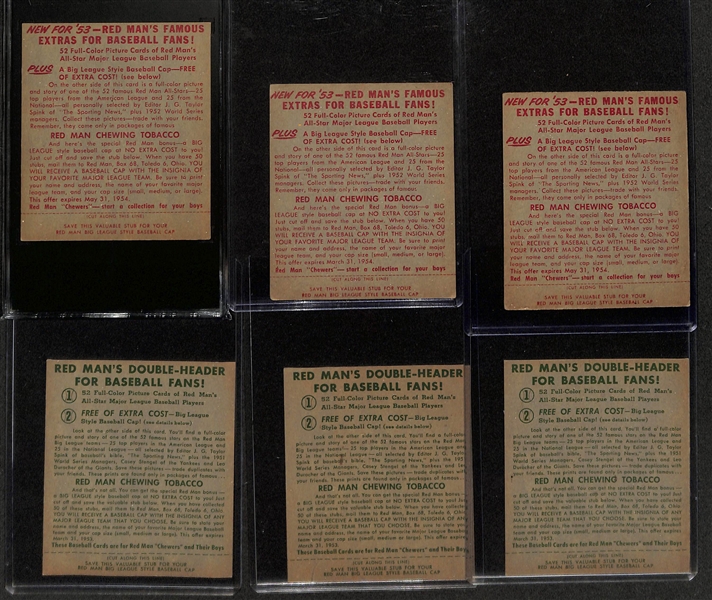 Lot of (3) 1952 Red Man Baseball with Tabs & (3) 1953 Red Man with Tabs w. 1953 Roy Campanella SGC 4