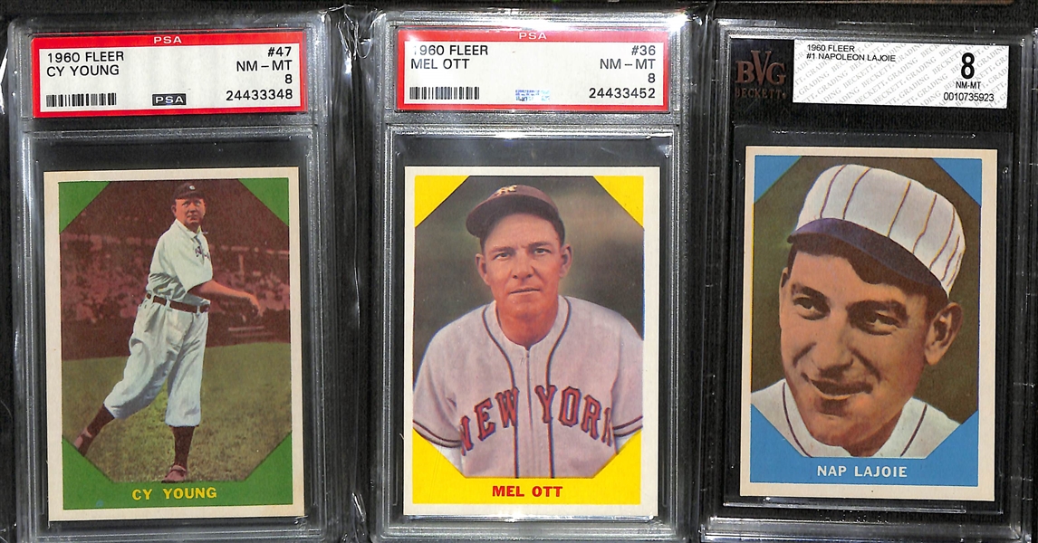 Lot of (5) 1960 Fleer Baseball Graded Cards & (2) 1961 Fleer Baseball Graded Cards w. 1960 Fleer Cy Young PSA 8