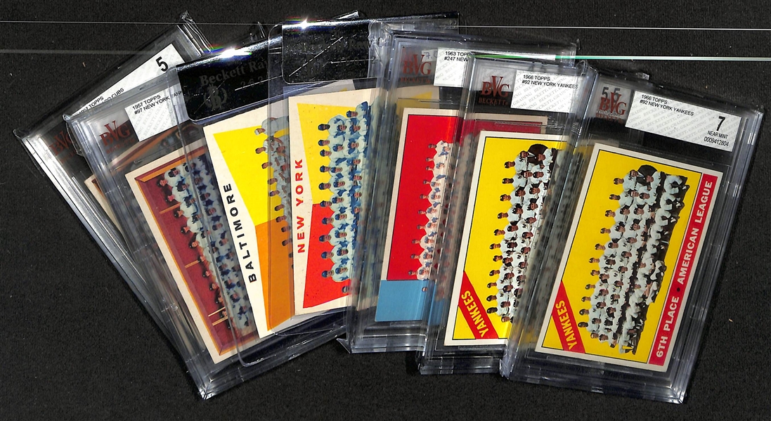 Lot of (7) Graded Topps Baseball Team Cards from 1957 to 1966 w. 1966 Topps NY Yankees BVG 7