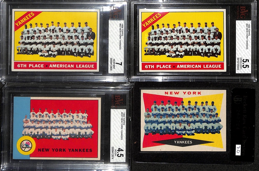 Lot of (7) Graded Topps Baseball Team Cards from 1957 to 1966 w. 1966 Topps NY Yankees BVG 7