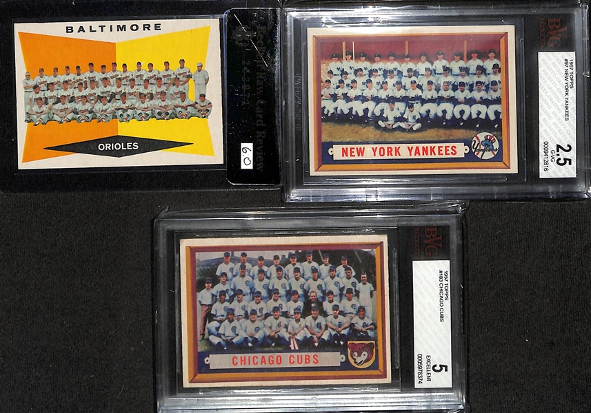 Lot of (7) Graded Topps Baseball Team Cards from 1957 to 1966 w. 1966 Topps NY Yankees BVG 7
