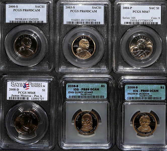 Lot of (6) Graded Dollar Coins from 2000-2008, (4) Graded Half Dollars from 1976-1978, & (11) Quarters from 1974-2001 w. 1974-S PCGS PR69 DCAM