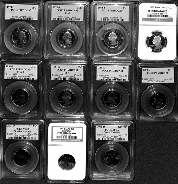 Lot of (6) Graded Dollar Coins from 2000-2008, (4) Graded Half Dollars from 1976-1978, & (11) Quarters from 1974-2001 w. 1974-S PCGS PR69 DCAM