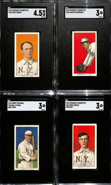 (4) 1909-10 T206 New York Giants Tobacco Cards - Fred Tenney (SGC 4.5), Moose McCormick (SGC 3), Bill O'Hara (New York, SGC 3), Fred Merkle (Portrait, SGC 3) 