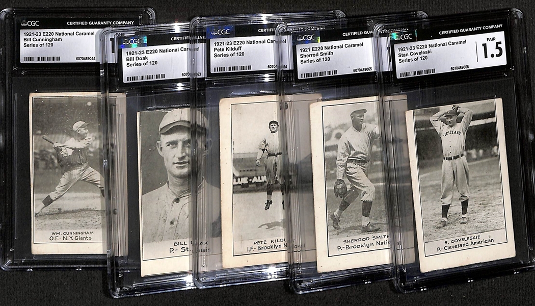 (5) 1921-23 E220 National Caramel Graded Cards w. Coveleski (CGC 1.5), Sherrod Smith (CGC 1.5), Pete Kilduff (CGC 3), Bill Doak (CGC 1.5), Bill Cunningham (CGC 1.5)