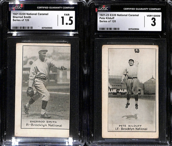 (5) 1921-23 E220 National Caramel Graded Cards w. Coveleski (CGC 1.5), Sherrod Smith (CGC 1.5), Pete Kilduff (CGC 3), Bill Doak (CGC 1.5), Bill Cunningham (CGC 1.5)