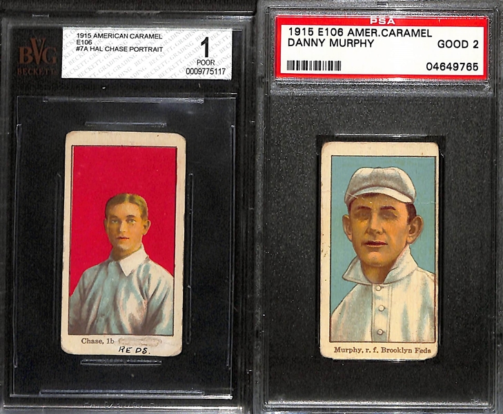 Lot of (2) Rare 1915 American Caramel E106 Cards - Hal Chase (BVG 1 w. Writing) & Danny Murphy (PSA 2)