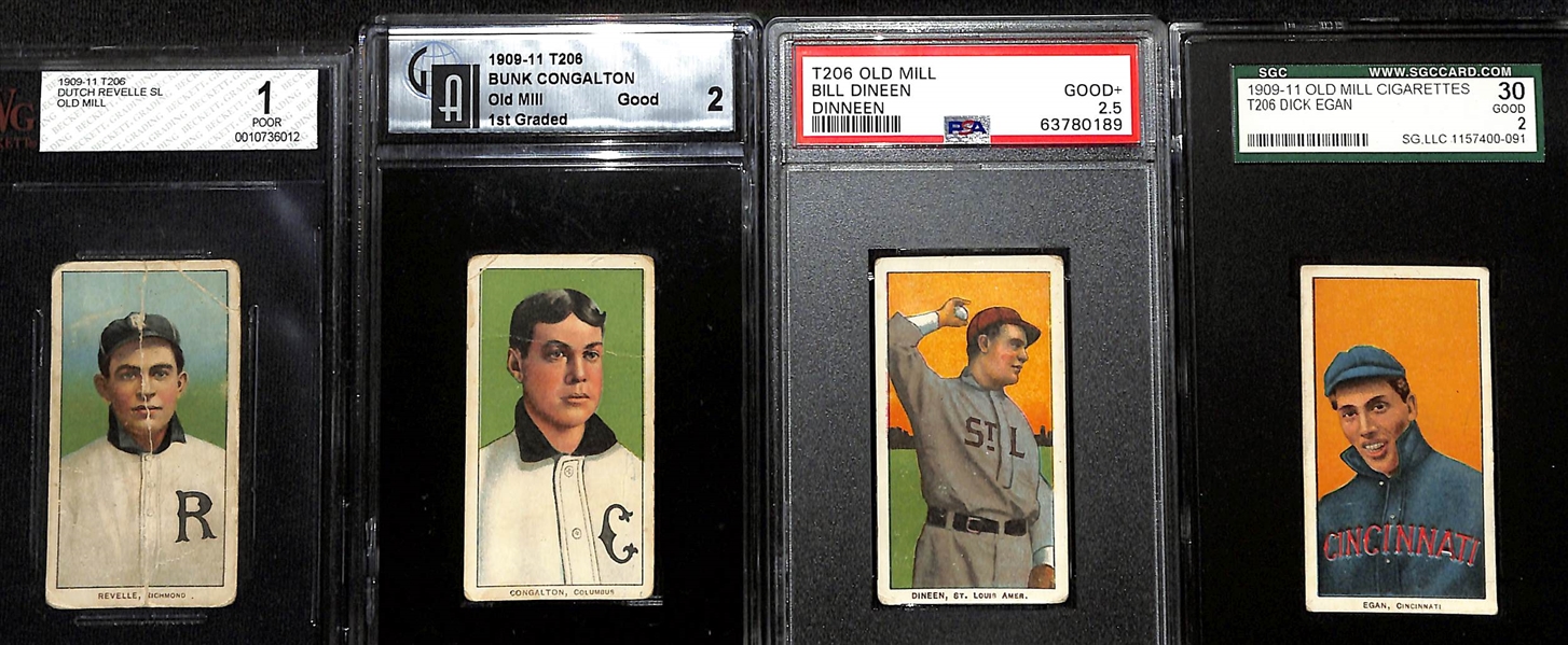 (4) 1909-11 T206 Old Mill Cigarettes Graded Cards - Revelle (Southern League, BVG 1), Congalton (Columbus, GAI 2), Dineen (PSA 2.5), Egan (SGC 2)