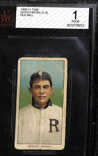 (4) 1909-11 T206 Old Mill Cigarettes Graded Cards - Revelle (Southern League, BVG 1), Congalton (Columbus, GAI 2), Dineen (PSA 2.5), Egan (SGC 2)