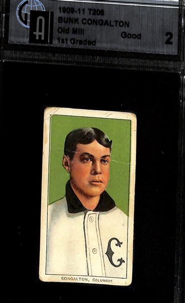 (4) 1909-11 T206 Old Mill Cigarettes Graded Cards - Revelle (Southern League, BVG 1), Congalton (Columbus, GAI 2), Dineen (PSA 2.5), Egan (SGC 2)
