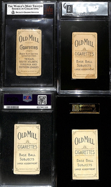 (4) 1909-11 T206 Old Mill Cigarettes Graded Cards - Revelle (Southern League, BVG 1), Congalton (Columbus, GAI 2), Dineen (PSA 2.5), Egan (SGC 2)