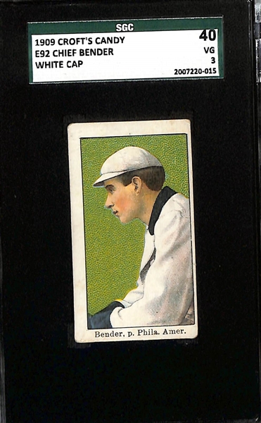 Lot of (3) SGC Graded 1909 Croft's Candy E92 Baseball Cards w. Chief Bender (White Cap) SGC 3