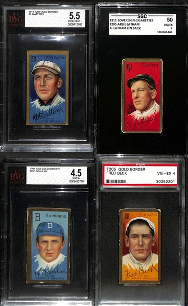 Lot of (4) Graded 1911 T205 Baseball Cards w. Al Mattern Piedmont Gold Border Beckett 5.5