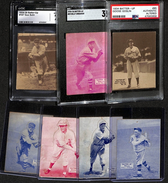 Lot of (3) Graded & (4) Raw 1934-36 Batter-Up R318s w. Goose Goslin PSA Auth (altered)