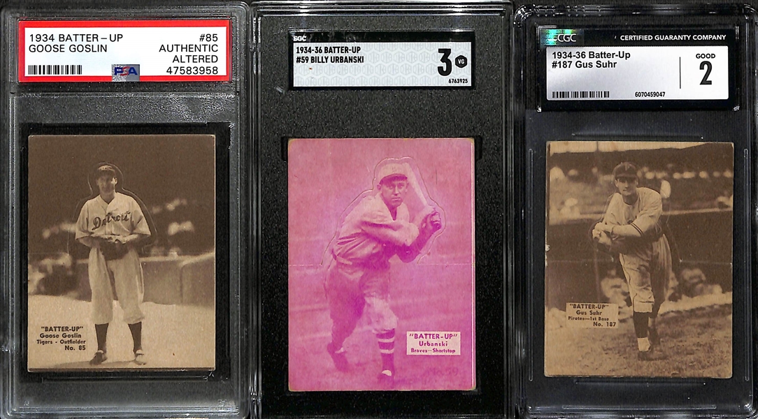 Lot of (3) Graded & (4) Raw 1934-36 Batter-Up R318s w. Goose Goslin PSA Auth (altered)