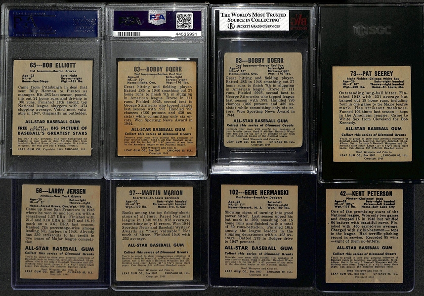Lot of 4) Graded & (4) Raw 1948 Leaf Baseball Cards w. Bob Elliot PSA 5