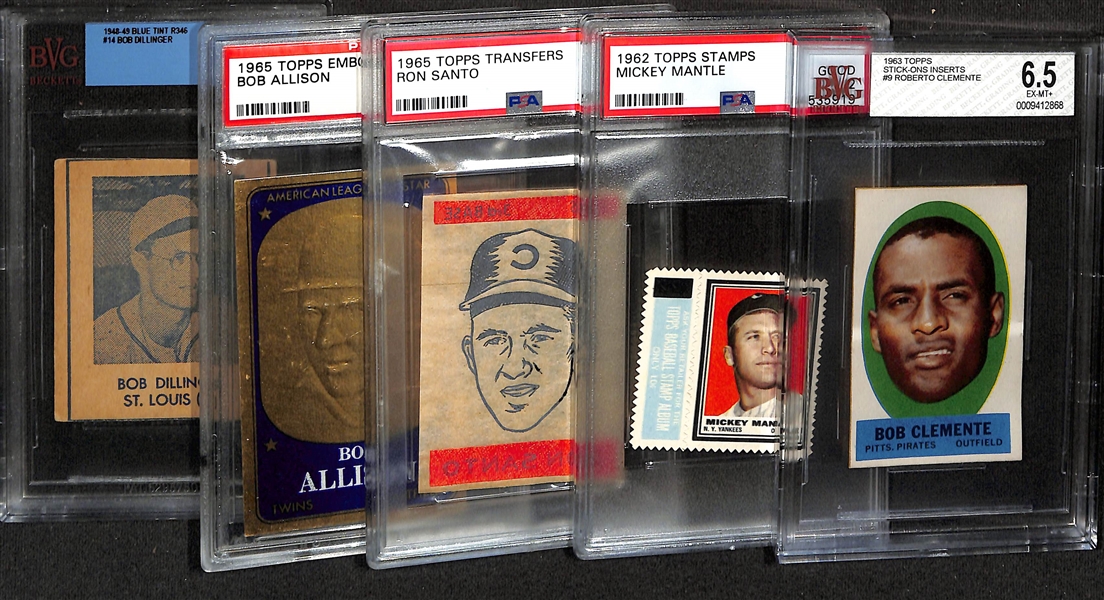 Lot of (4) Topps Inserts w. 1963 Topps Stick-On Insert Roberto Clemente BVG 6.5