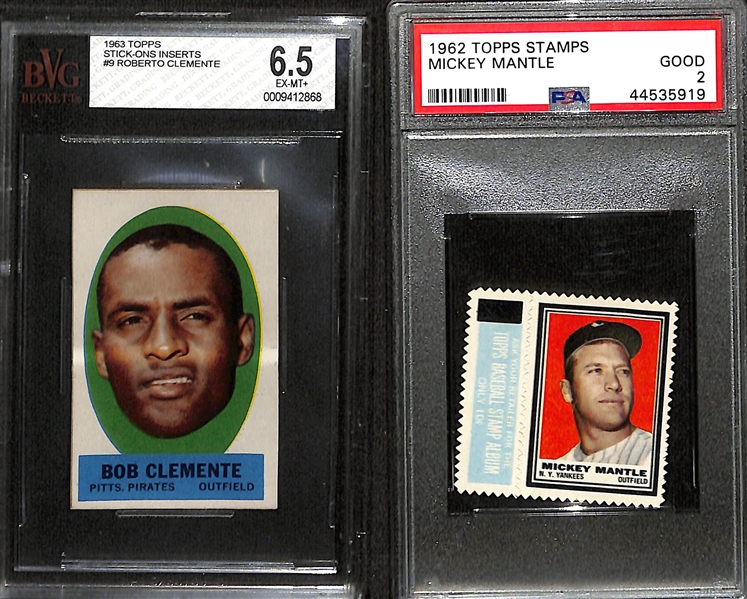 Lot of (4) Topps Inserts w. 1963 Topps Stick-On Insert Roberto Clemente BVG 6.5