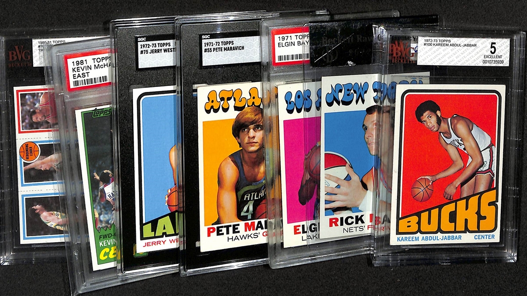 Lot of (6) Graded and (1) Beckett Raw Graded Basketball Cards w. 1972-73 Abdul-Jabbar BVG 5