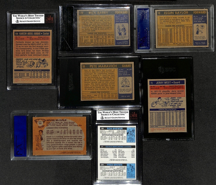 Lot of (6) Graded and (1) Beckett Raw Graded Basketball Cards w. 1972-73 Abdul-Jabbar BVG 5