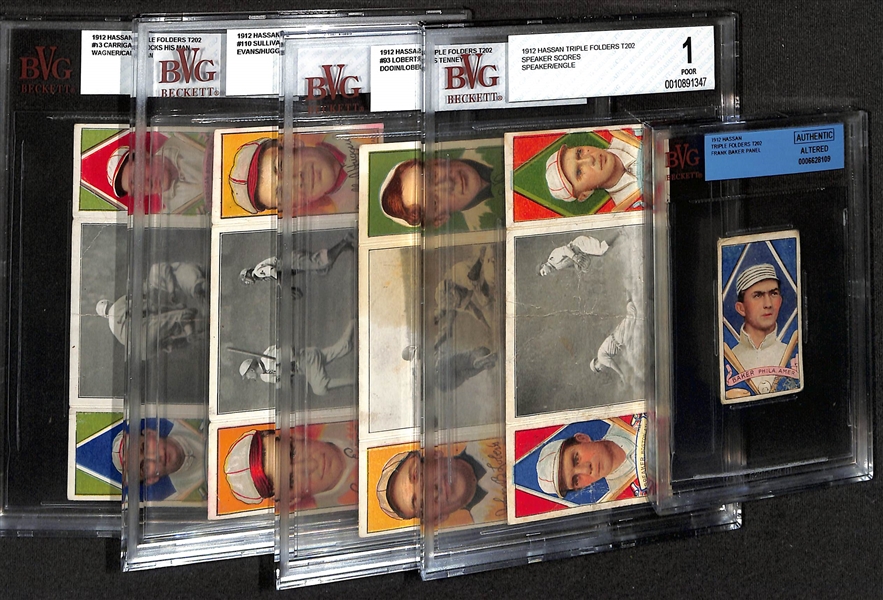 Lot of (5) Beckett Graded 1912 Hanson Triple Folders T202 Cards w. Frank Baker Panel Authentic