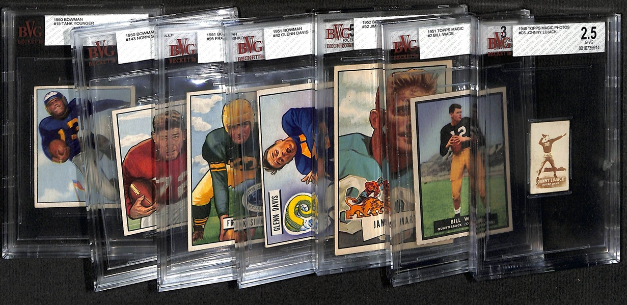 Lot of (7) Beckett Graded 1948-51 Bowman & Topps Football Cards w. 1948 Topps Johnny Lujack BVG 2.5