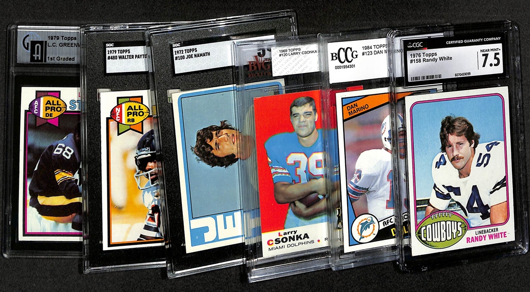 Lot of (6) Graded 1971-84 Football Cards w. 1976 Randy White Rookie (CGC 7.5), 1984 Dan Marino Rookie (BCCG 9), 1969 Csonka Rookie (BVG 5.5), 1972 Namath (SGC 5), 1979 Payton (SGC 7), +