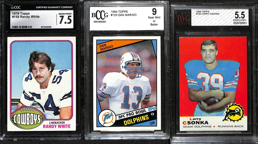 Lot of (6) Graded 1971-84 Football Cards w. 1976 Randy White Rookie (CGC 7.5), 1984 Dan Marino Rookie (BCCG 9), 1969 Csonka Rookie (BVG 5.5), 1972 Namath (SGC 5), 1979 Payton (SGC 7), +