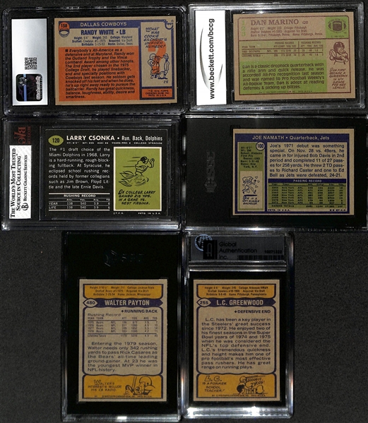 Lot of (6) Graded 1971-84 Football Cards w. 1976 Randy White Rookie (CGC 7.5), 1984 Dan Marino Rookie (BCCG 9), 1969 Csonka Rookie (BVG 5.5), 1972 Namath (SGC 5), 1979 Payton (SGC 7), +