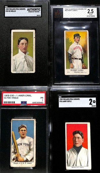 (4) 1908-1910 American/Philadelphia Caramel Cards - Vic Willis (HOF, E95, SGC Auth.), Harry Lord (E91, BVG 2.5), Clyde Engle (E90-1, PSA 1), Larry Doyle (E95, SGC 2)