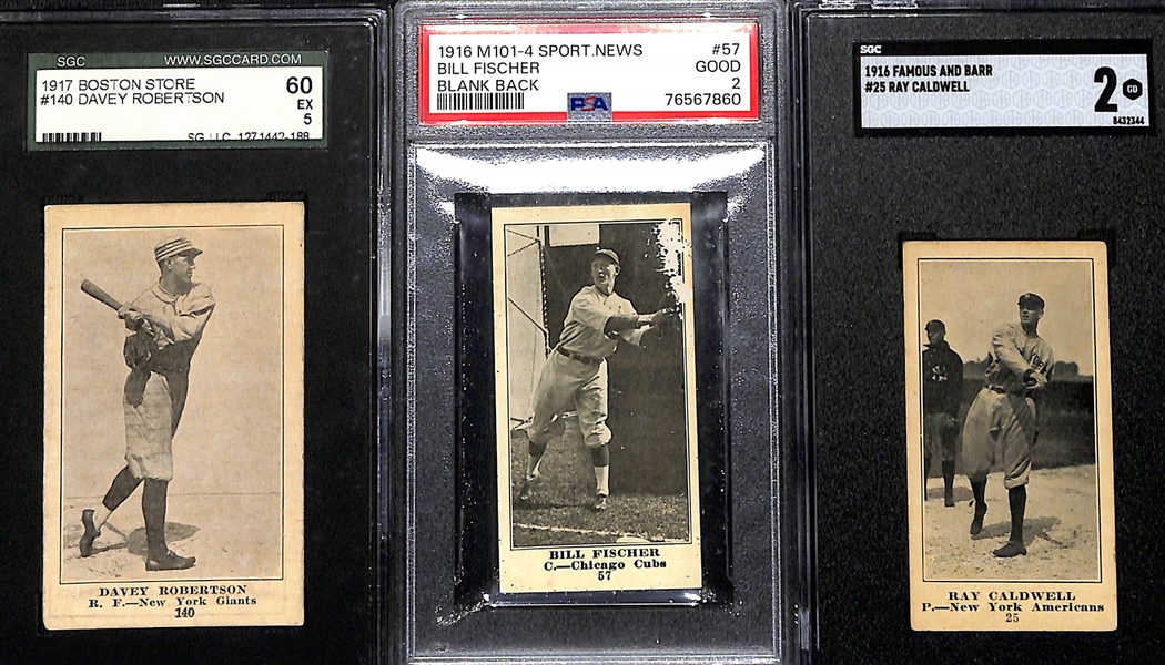 1916-17 Cards w. 1917 Boston Store Davey Robertson (NY Giants, SGC 5), 1916 M101-4 Sporting News Bill Fischer (Cubs, PSA 2), 1916 Famous & Barr Ray Caldwell (Yankees, SGC 2)