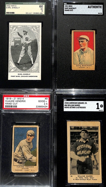 (4) c. 1920s Cards - 1922 W573 Earl Sheely (White Sox, SGC 5), 1921 W551 Dave Bancroft (HOF, SGC Authentic), 1919-21 Claude Hendrix (PSA 2.5), 1920 American Caramel William Haines (SGC 1)