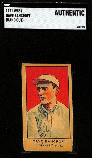 (4) c. 1920s Cards - 1922 W573 Earl Sheely (White Sox, SGC 5), 1921 W551 Dave Bancroft (HOF, SGC Authentic), 1919-21 Claude Hendrix (PSA 2.5), 1920 American Caramel William Haines (SGC 1)