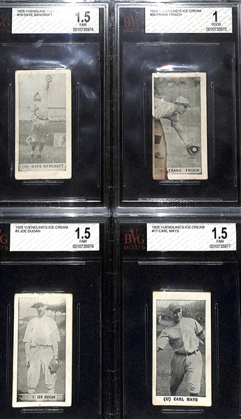 (4) Graded 1928 Yuengling's Ice Cream Cards - Dave Bancroft (HOF, BVG 1.5), Frankie Frisch (HOF, BVG 1), Joe Dugan (BVG 1.5), Carl Mays (BVG 1.5)