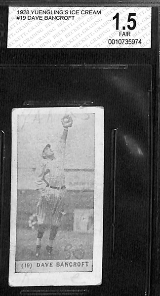 (4) Graded 1928 Yuengling's Ice Cream Cards - Dave Bancroft (HOF, BVG 1.5), Frankie Frisch (HOF, BVG 1), Joe Dugan (BVG 1.5), Carl Mays (BVG 1.5)