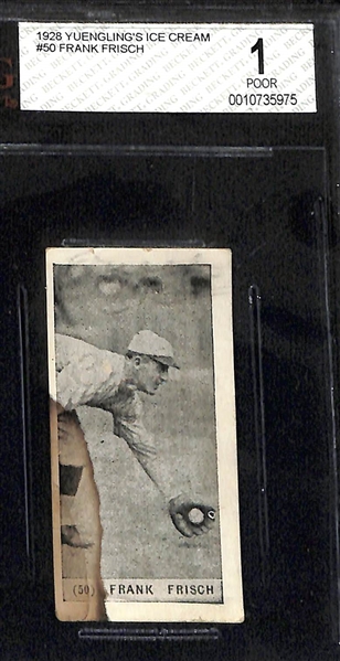 (4) Graded 1928 Yuengling's Ice Cream Cards - Dave Bancroft (HOF, BVG 1.5), Frankie Frisch (HOF, BVG 1), Joe Dugan (BVG 1.5), Carl Mays (BVG 1.5)