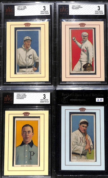 (4) Beckett Graded Topps 206 Framed 1909-11 T206 Cards - Clymer (BVG 3), Carrigan (BVG 3), Shaw (BVG 3), Doyle (RCR 2.0)