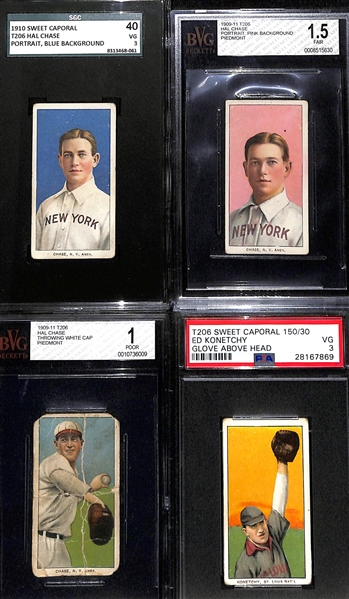 (4) Graded 1909-11 T206 Tobacco Cards - Hal Chase (Blue Portrait, SGC 3),  Hal Chase (Pink Portrait, BVG 1.5), Hal Chase (Throwing, White Cap, BVG 1), Ed Konetchy (Glove Above Head, PSA 3)