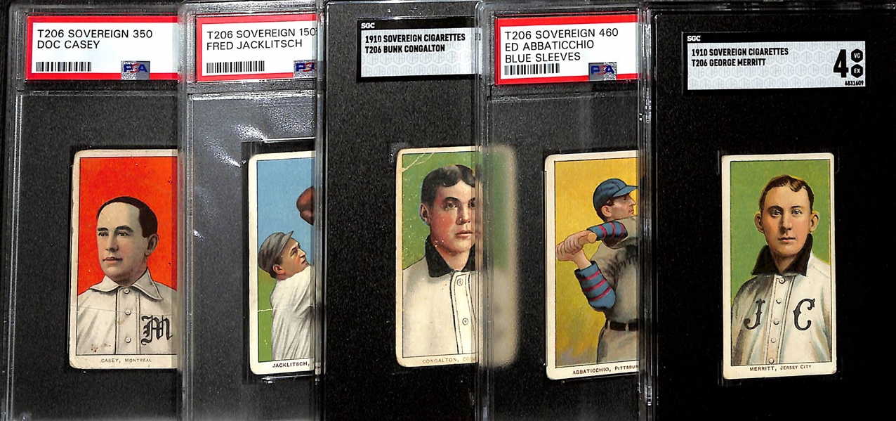 (5) 1909-11 T206 Sovereign Cigarettes Cards w. Merritt (Jersey City, SGC 4), Abbaticchio (PSA 2), Congalton (SGC 1.5), Jacklitsch (PSA 1.5), Casey (PSA 2)