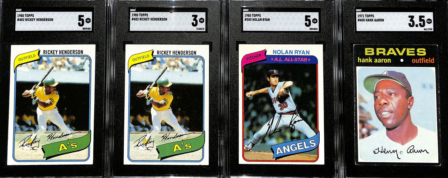 Lot of (4) 1971-1980 Graded Topps Baseball Cards w. (2) 1980 Topps Rickey Henderson Rookie Cards (SGC 5 and SGC 3) 