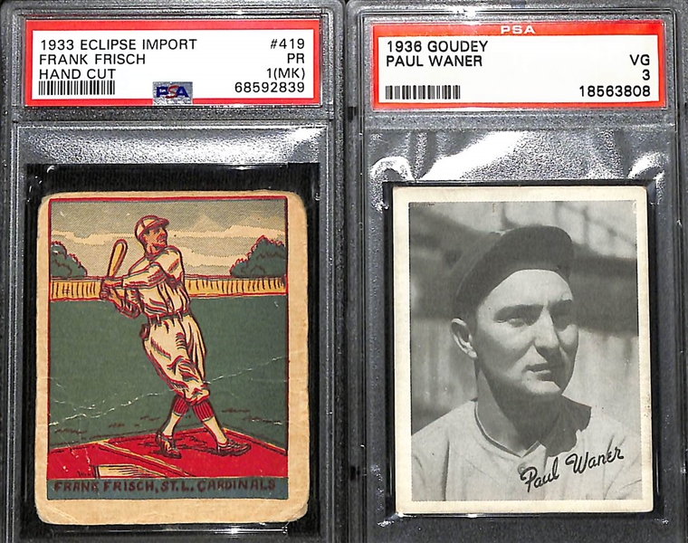 1930s Hall of Famer Cards - 1933 Eclipse Import Frank Frisch (PSA 1 MK) & 1936 Goudey Paul Waner (PSA 3)