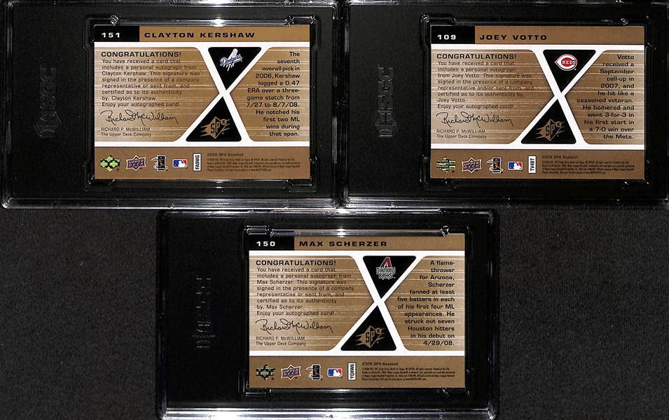 (3) SGC Graded 2008 UD SPx Rookie Signature Cards w. Clayton Kershaw SGC 9